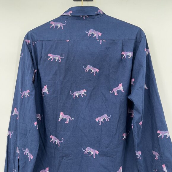 Bonobos Mens Navy Button Down Shirt Pink & Purple Leopard Print Standard Fit M - Picture 5 of 10